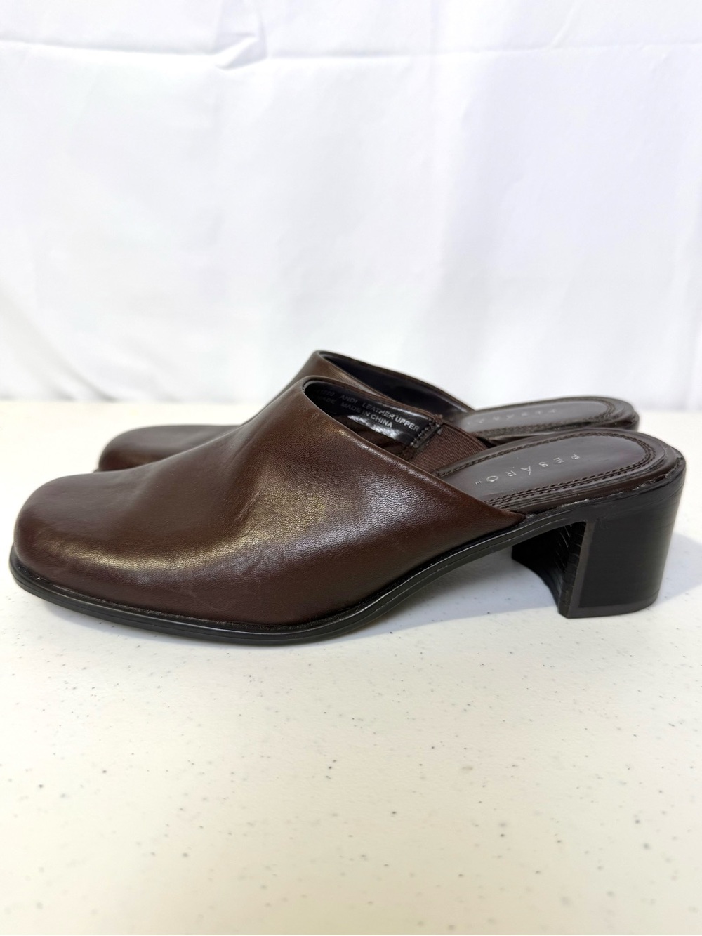 Pesaro Andi Brown Leather Heeled Mules 7M Square Toe Block Heel Y2K